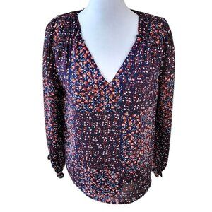 Skies Are Blue Long Sleeve Blouse Navy Floral V-Neck Top Womens Size XS